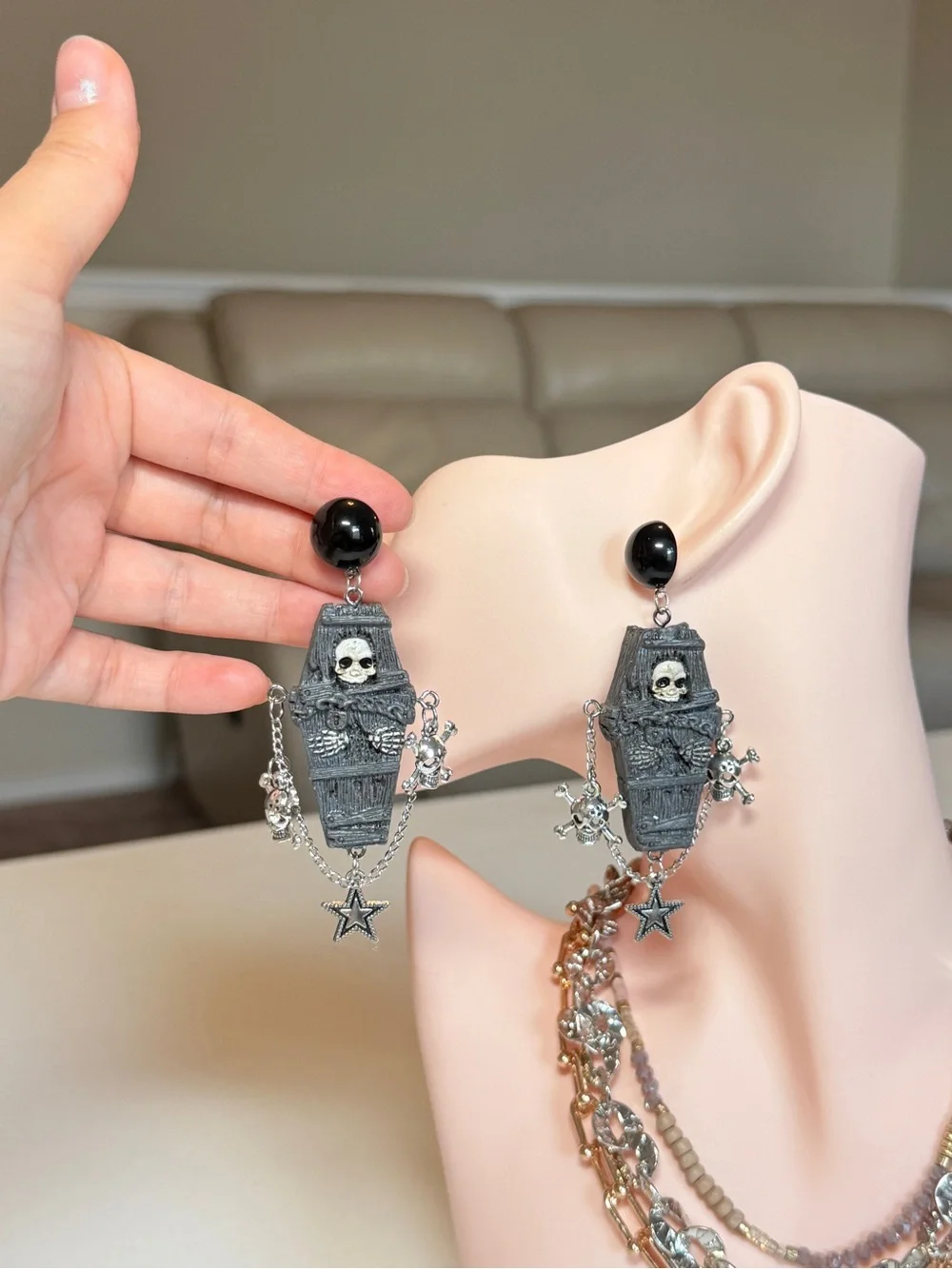 Black Gothic Coffin & Skull Drop Earrings